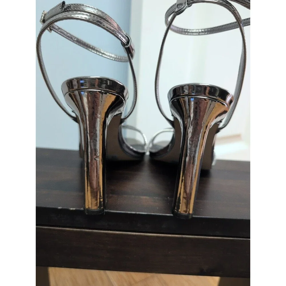 NIB Aqua Sandalia Salto Alto Ankle Strap Silver/Pewter Mirror Sandal Size 8.5B